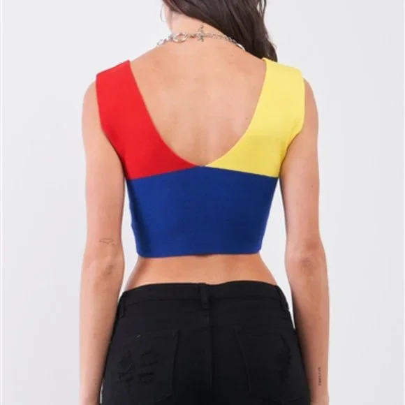 Yellow Red Blue Color Block Knit  V-Neck And Back Sleeveless Crop Tank Top - Picture 2 of 3